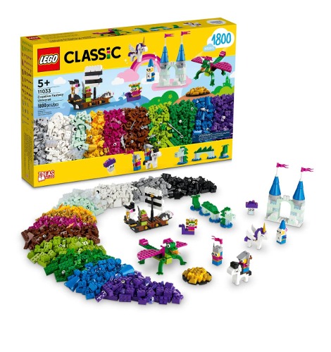 LEGO 레고 클래식 크리에이티브 판타지 유니버스 세트 11033 유니콘 장난감, 성, 용 및 해적선 빌드로 창의적 모험 구축 학습 장난감 1800개 세트