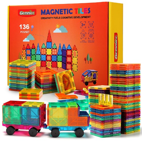 Gemmicc 마그네틱 타일 타일 블록 창작 놀이 장난감 3D 자석 퍼즐 블록 자동차 2 대 포함 136조각