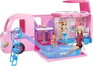 [당일배송] Barbie 바비 캠퍼 수영장 플레이 세트 캠프장 놀이 옷장 세면대 샤워시설 화장실 구성(인형 포함되지 않음)